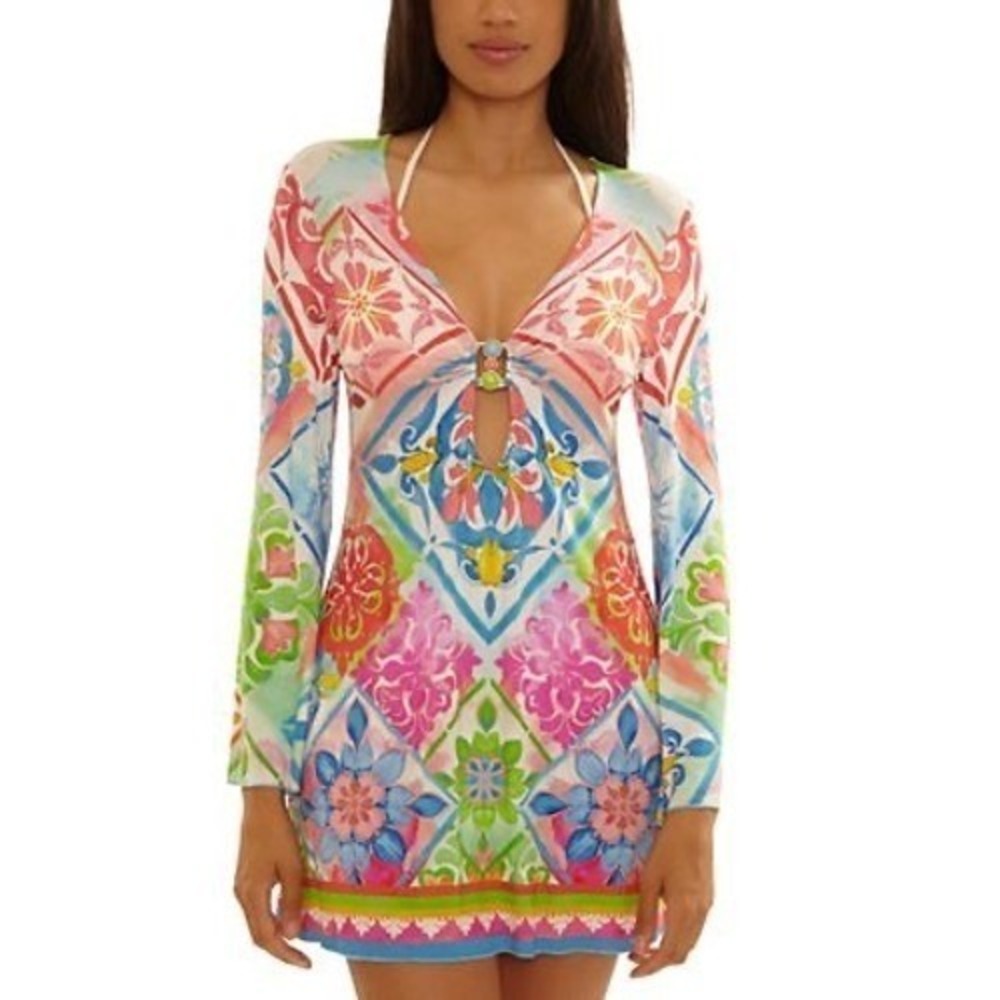 Becca Mijas Keyhole Ring Plunge Neck Tunic Swim Cover-Up Women's Size Medium‎